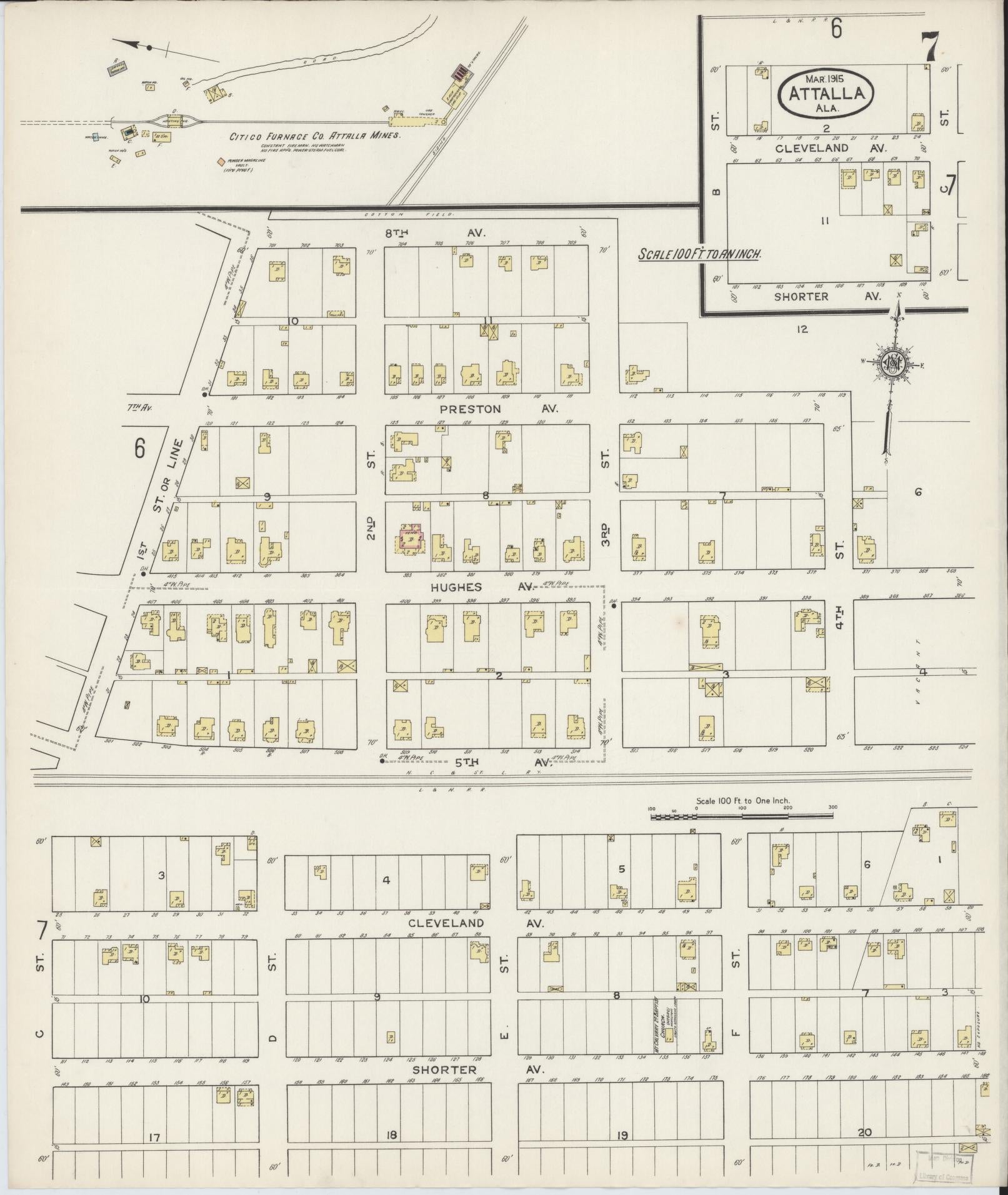 Sanborn Fire Insurance Map from Attalla, Etowah County, Alabama (1915), Sheet #0007 - Complete Map Set gallery image, historic Sanborn map, vintage wall art, Alabama Alabama