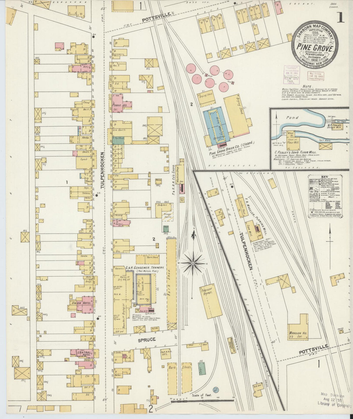 Sanborn Fire Insurance Map from Pine Grove, Schuylkill County, Pennsylvania (1902), Sheet #0001 - Historic Sanborn Fire Insurance Map Print, vintage old map wall art, antique decor, genealogy gift, Pennsylvania Pennsylvania map