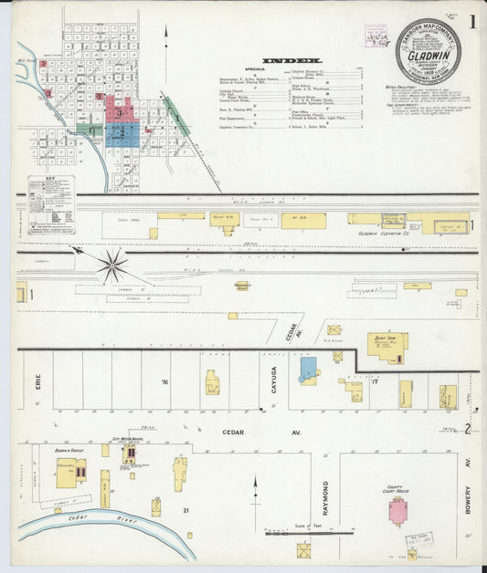Sanborn Fire Insurance Map from Gladwin, Gladwin County, Michigan (1909), Sheet #0001 - Complete Map Set gallery image, historic Sanborn map, vintage wall art, Michigan Michigan