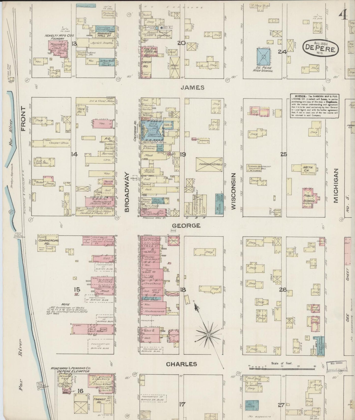 Sanborn Fire Insurance Map from De Pere, Brown County, Wisconsin (1884), Sheet #0004 - Historic Sanborn Fire Insurance Map Print, vintage old map wall art, antique decor, genealogy gift, Wisconsin Wisconsin map