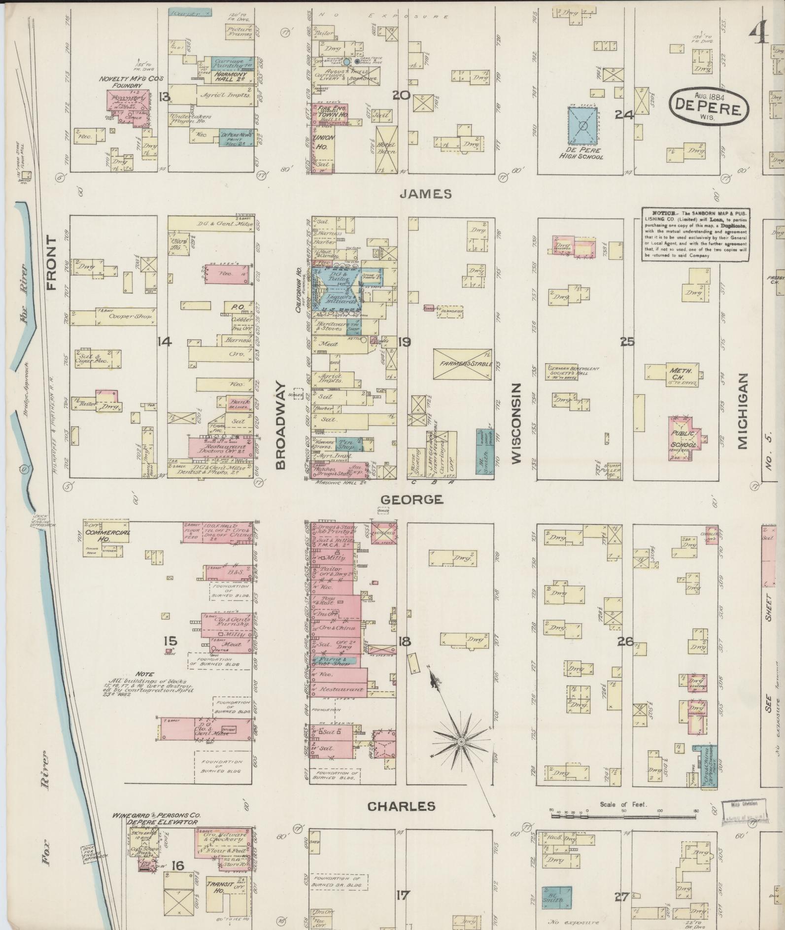 Sanborn Fire Insurance Map from De Pere, Brown County, Wisconsin (1884), Sheet #0004 - Historic Sanborn Fire Insurance Map Print, vintage old map wall art, antique decor, genealogy gift, Wisconsin Wisconsin map