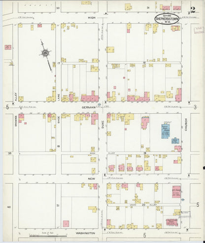 Sanborn Fire Insurance Map from Shepherdstown, Jefferson County, West Virginia (1915), Sheet #0002 - Complete Map Set gallery image, historic Sanborn map, vintage wall art, West Virginia West Virginia