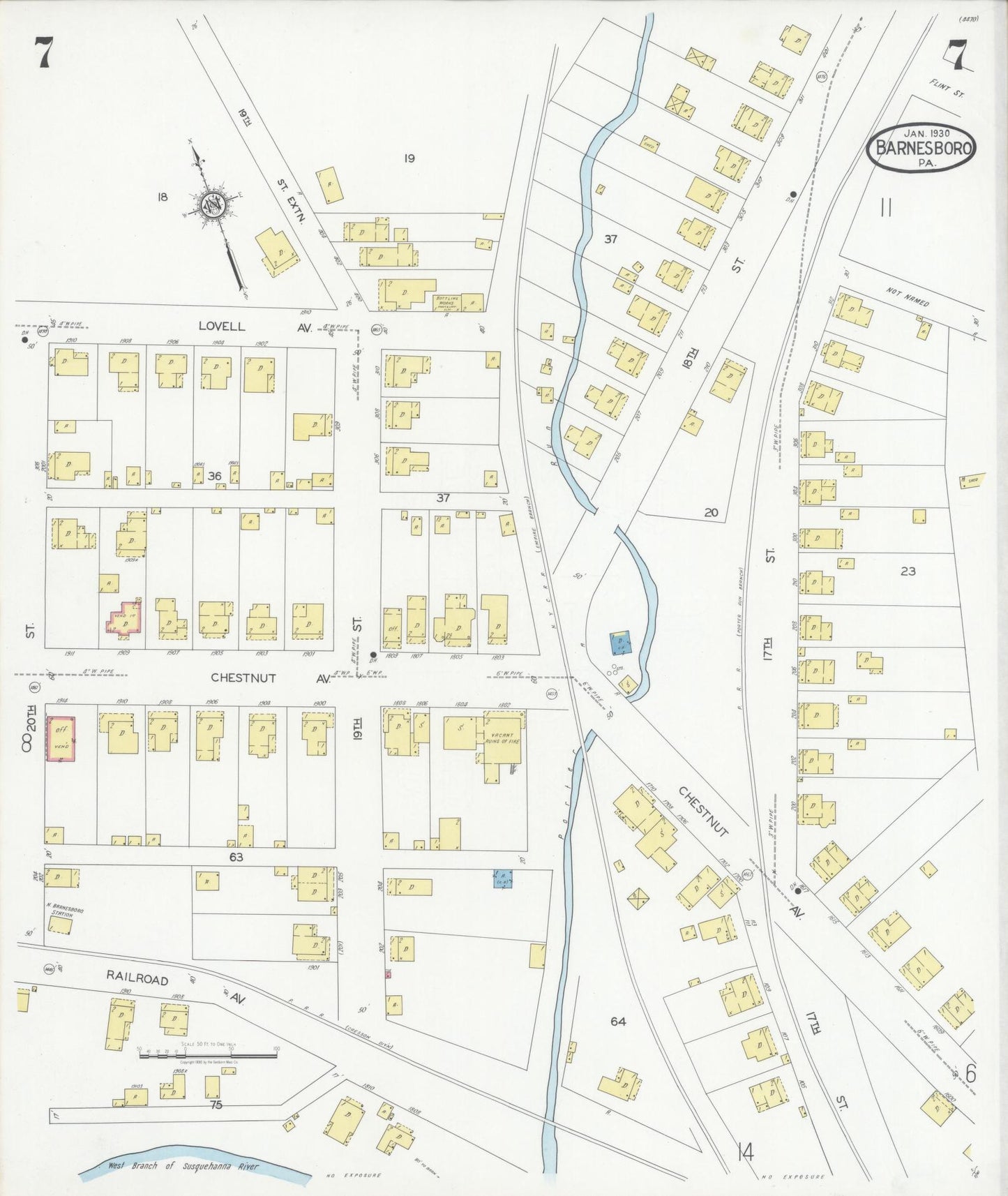 Sanborn Fire Insurance Map from Barnesboro, Cambria County, Pennsylvania (1930), Sheet #0007 - Historic Sanborn Fire Insurance Map Print, vintage old map wall art, antique decor, genealogy gift, Pennsylvania Pennsylvania map