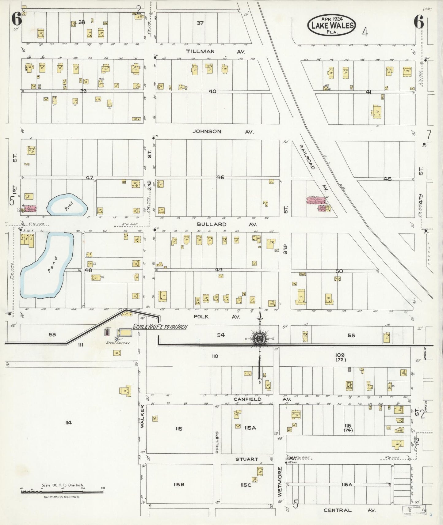 Sanborn Fire Insurance Map from Lake Wales, Polk County, Florida (1924), Sheet #0006 - Historic Sanborn Fire Insurance Map Print, vintage old map wall art, antique decor, genealogy gift, Florida Florida map