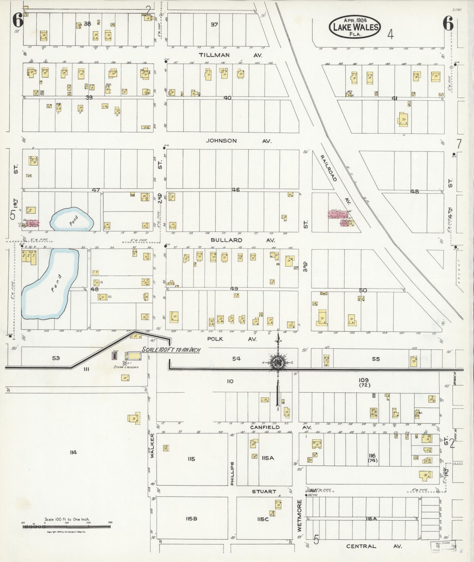 Sanborn Fire Insurance Map from Lake Wales, Polk County, Florida (1924), Sheet #0006 - Historic Sanborn Fire Insurance Map Print, vintage old map wall art, antique decor, genealogy gift, Florida Florida map