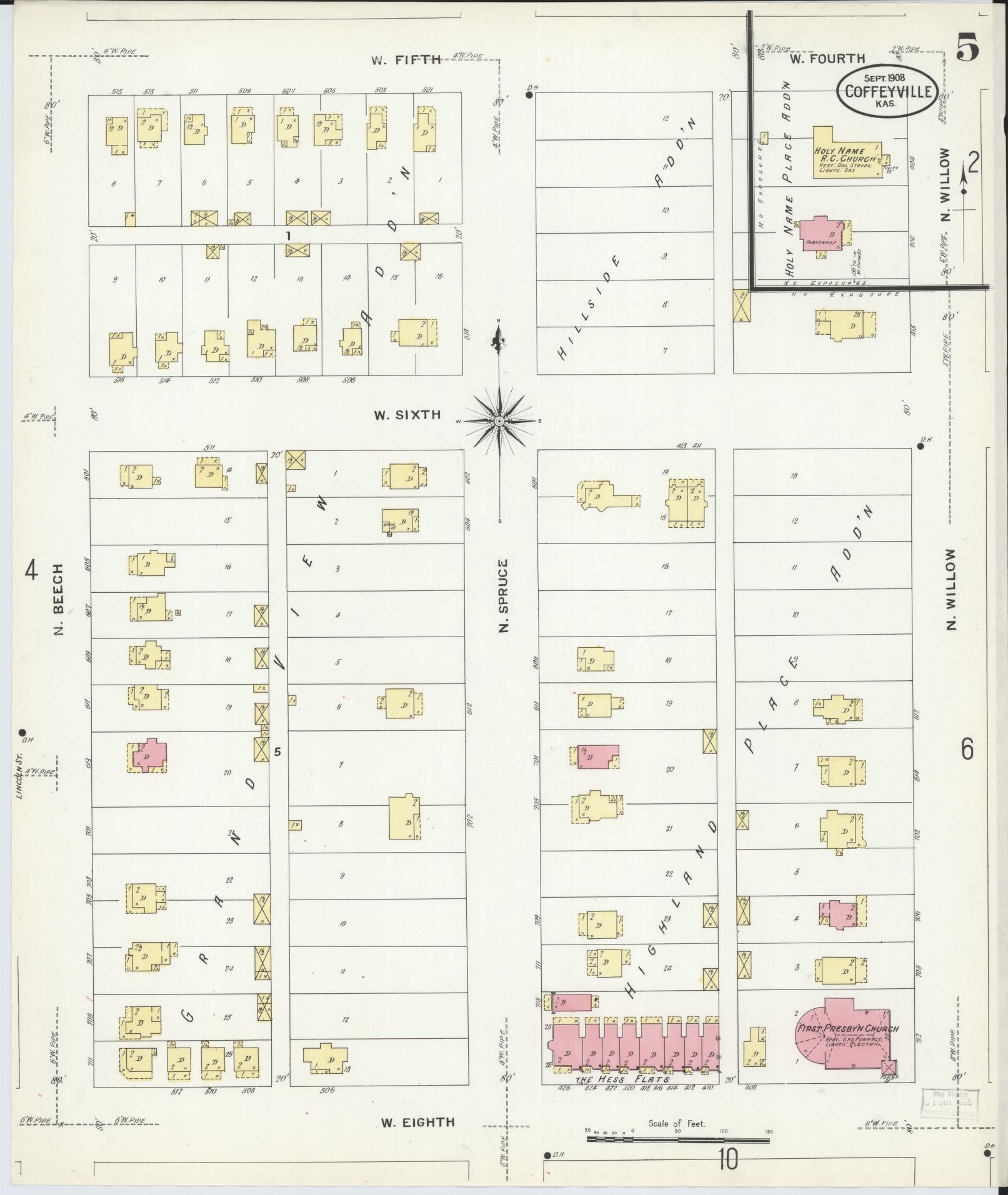 Sanborn Fire Insurance Map from Coffeyville, Montgomery County, Kansas (1908), Sheet #0005 - Historic Sanborn Fire Insurance Map Print, vintage old map wall art, antique decor, genealogy gift, Kansas Kansas map