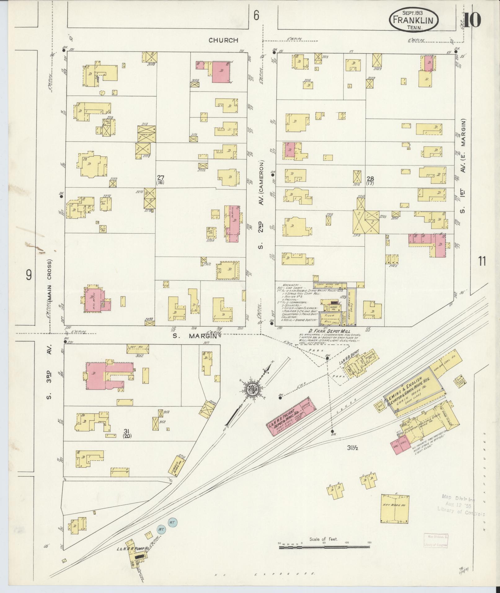 Sanborn Fire Insurance Map from Franklin, Williamson County, Tennessee (1913), Sheet #0010 - Historic Sanborn Fire Insurance Map Print, vintage old map wall art, antique decor, genealogy gift, Tennessee Tennessee map