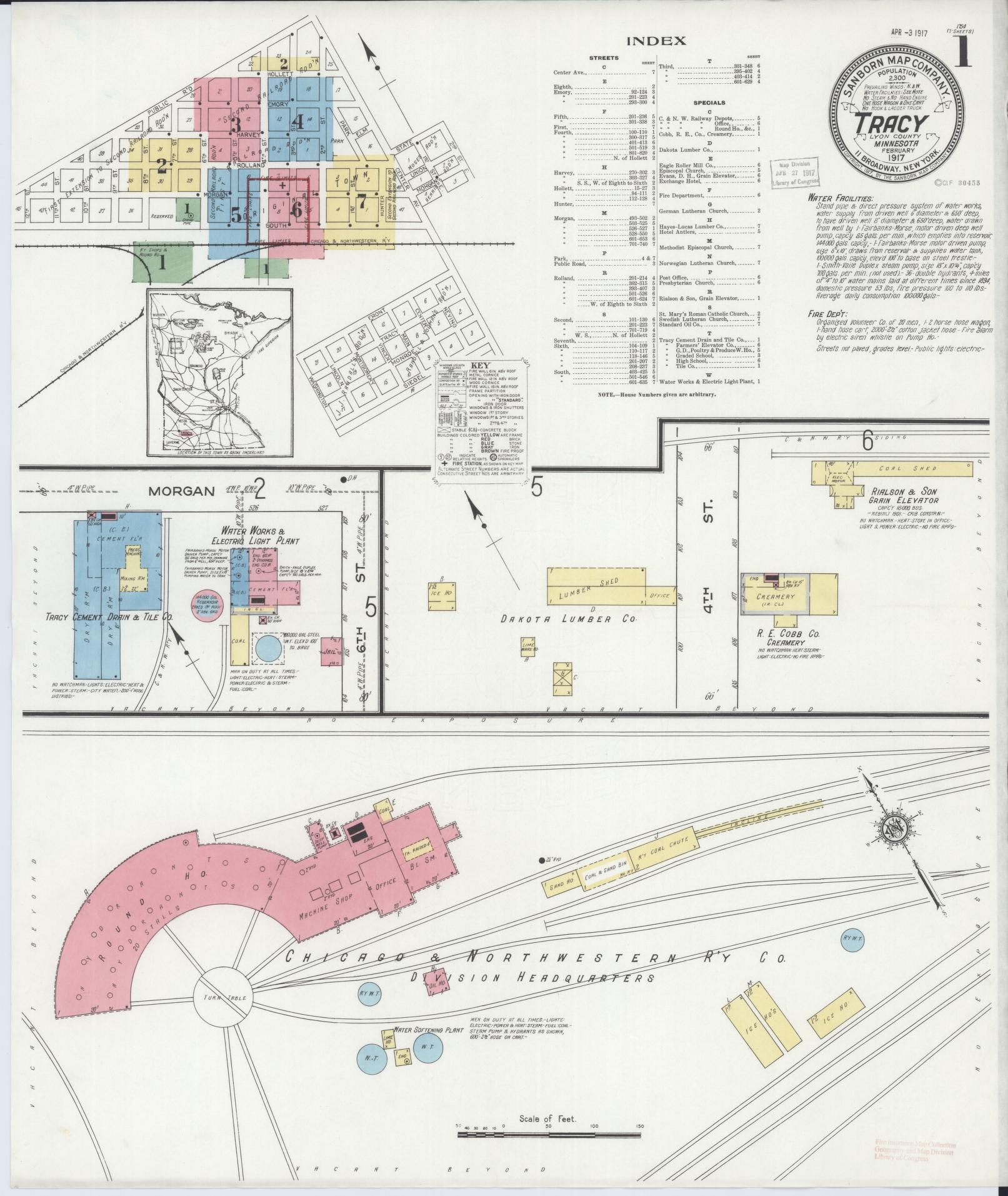 Sanborn Fire Insurance Map from Tracy, Lyon County, Minnesota (1917), Sheet #0001 - Historic Sanborn Fire Insurance Map Print, vintage old map wall art, antique decor, genealogy gift, Minnesota Minnesota map