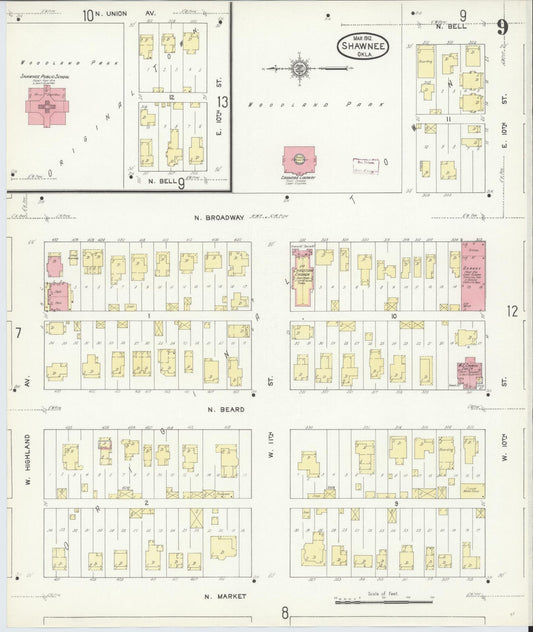 Sanborn Fire Insurance Map from Shawnee, Pottawatomie County, Oklahoma (1912), Sheet #0009 - Historic Sanborn Fire Insurance Map Print, vintage old map wall art, antique decor, genealogy gift, Oklahoma Oklahoma map