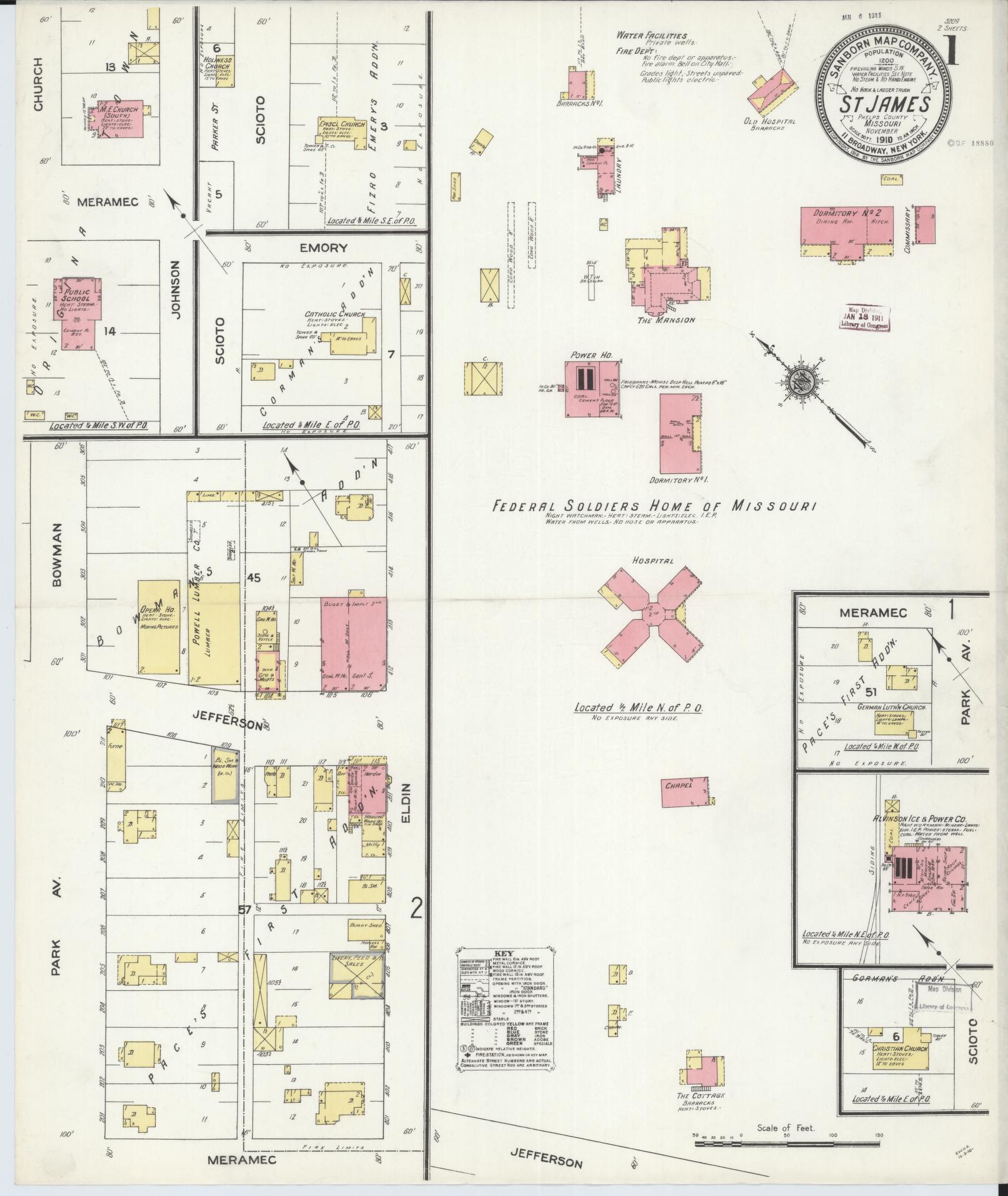 Sanborn Fire Insurance Map from Saint James, Phelps County, Missouri (1910), Sheet #0001 - Complete Map Set gallery image, historic Sanborn map, vintage wall art, Missouri Missouri
