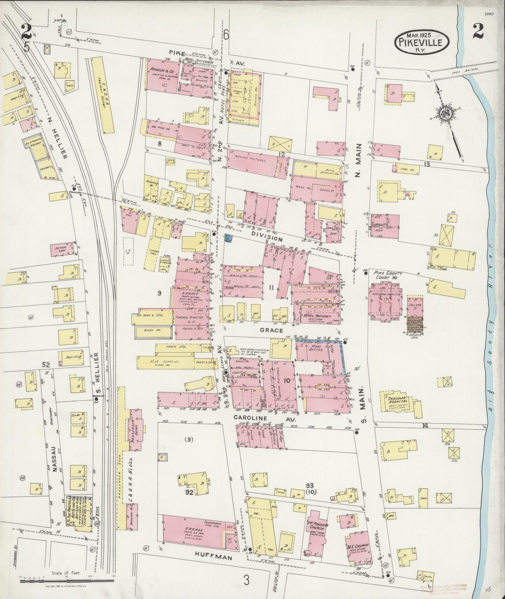 Sanborn Fire Insurance Map from Pikeville, Pike County, Kentucky (1925), Sheet #0002 - Historic Sanborn Fire Insurance Map Print, vintage old map wall art, antique decor, genealogy gift, Kentucky Kentucky map