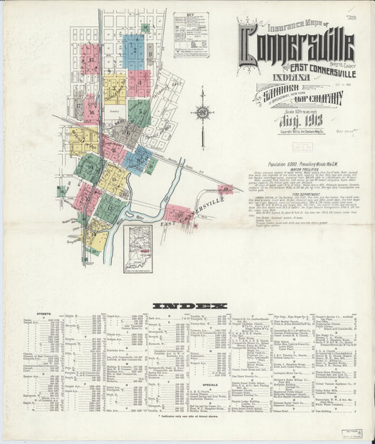 Sanborn Fire Insurance Map from Connersville, Fayette County, Indiana (1913), Sheet #0001 - Historic Sanborn Fire Insurance Map Print, vintage old map wall art, antique decor, genealogy gift, Indiana Indiana map