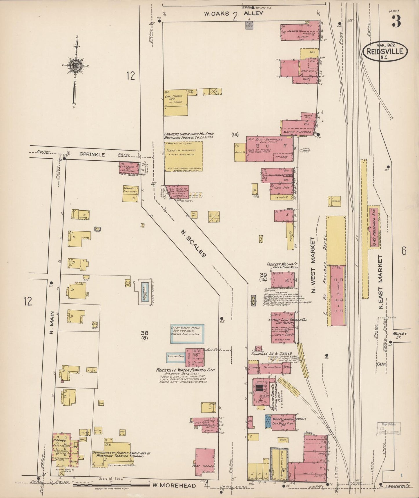 Sanborn Fire Insurance Map from Reidsville, Rockingham County, North Carolina (1922), Sheet #0003 - Historic Sanborn Fire Insurance Map Print, vintage old map wall art, antique decor, genealogy gift, North Carolina North Carolina map