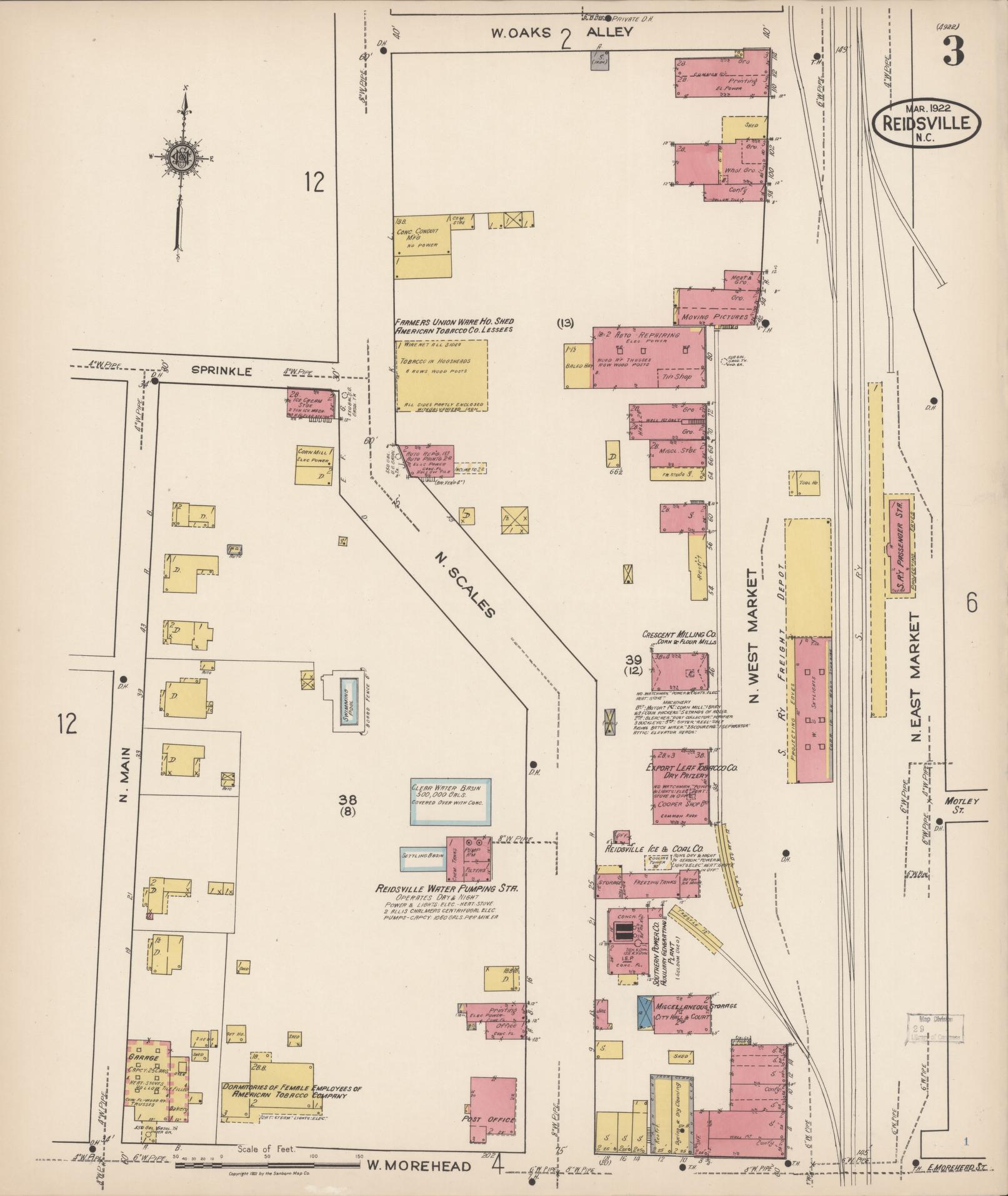 Sanborn Fire Insurance Map from Reidsville, Rockingham County, North Carolina (1922), Sheet #0003 - Historic Sanborn Fire Insurance Map Print, vintage old map wall art, antique decor, genealogy gift, North Carolina North Carolina map