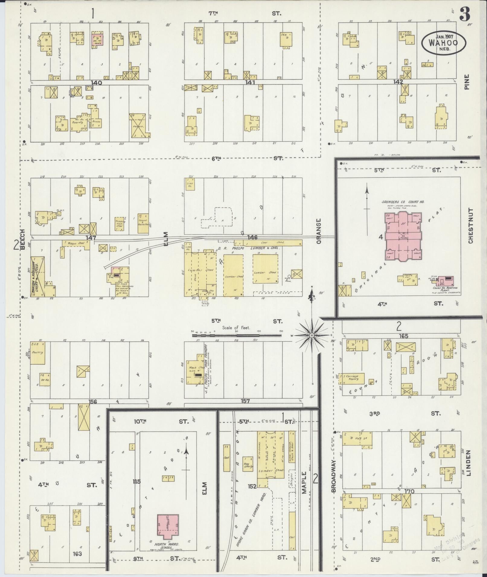 Sanborn Fire Insurance Map from Wahoo, Saunders County, Nebraska (1907), Sheet #0003 - Historic Sanborn Fire Insurance Map Print, vintage old map wall art, antique decor, genealogy gift, Nebraska Nebraska map