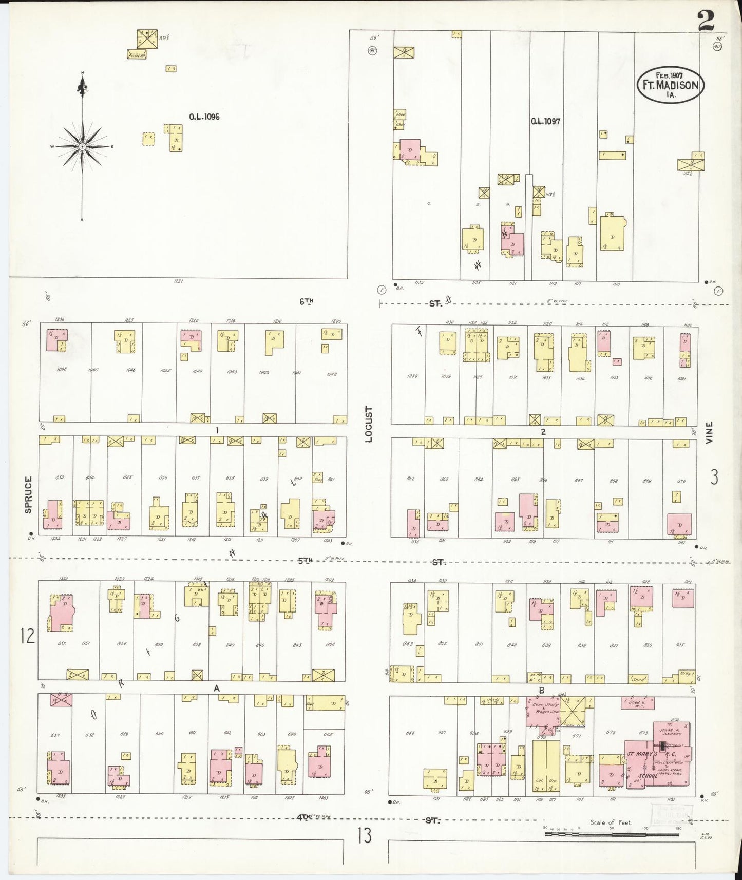 Sanborn Fire Insurance Map from Fort Madison, Lee County, Iowa (1907), Sheet #0002 - Historic Sanborn Fire Insurance Map Print, vintage old map wall art