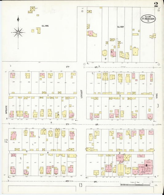 Sanborn Fire Insurance Map from Fort Madison, Lee County, Iowa (1907), Sheet #0002 - Historic Sanborn Fire Insurance Map Print, vintage old map wall art