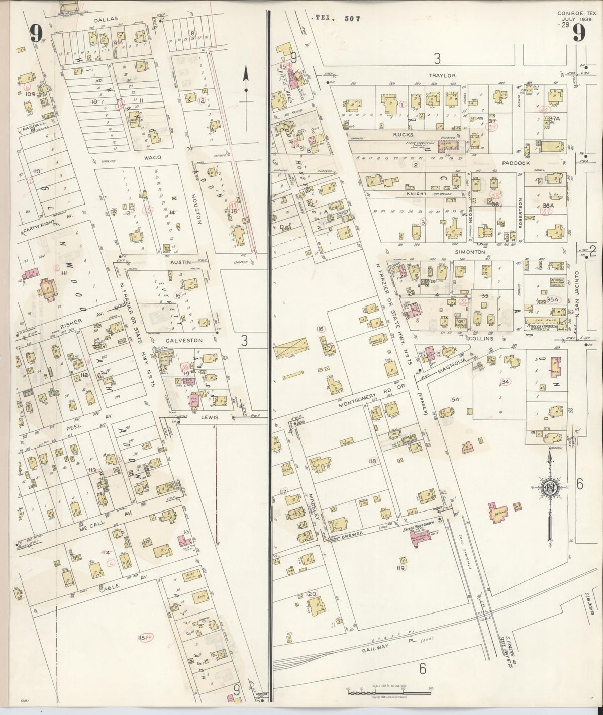 Sanborn Fire Insurance Map from Conroe, Montgomery County, Texas (1943), Sheet #0009 - Historic Sanborn Fire Insurance Map Print, vintage old map wall art, antique decor, genealogy gift, Texas Texas map