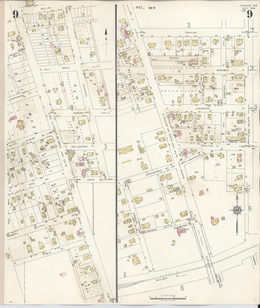 Sanborn Fire Insurance Map from Conroe, Montgomery County, Texas (1943), Sheet #0009 - Historic Sanborn Fire Insurance Map Print, vintage old map wall art, antique decor, genealogy gift, Texas Texas map