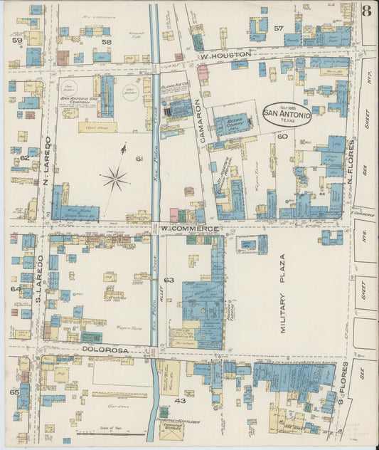 Sanborn Fire Insurance Map from San Antonio, Bexar County, Texas (1885), Sheet #0008 - Historic Sanborn Fire Insurance Map Print, vintage old map wall art, antique decor, genealogy gift, Texas Texas map