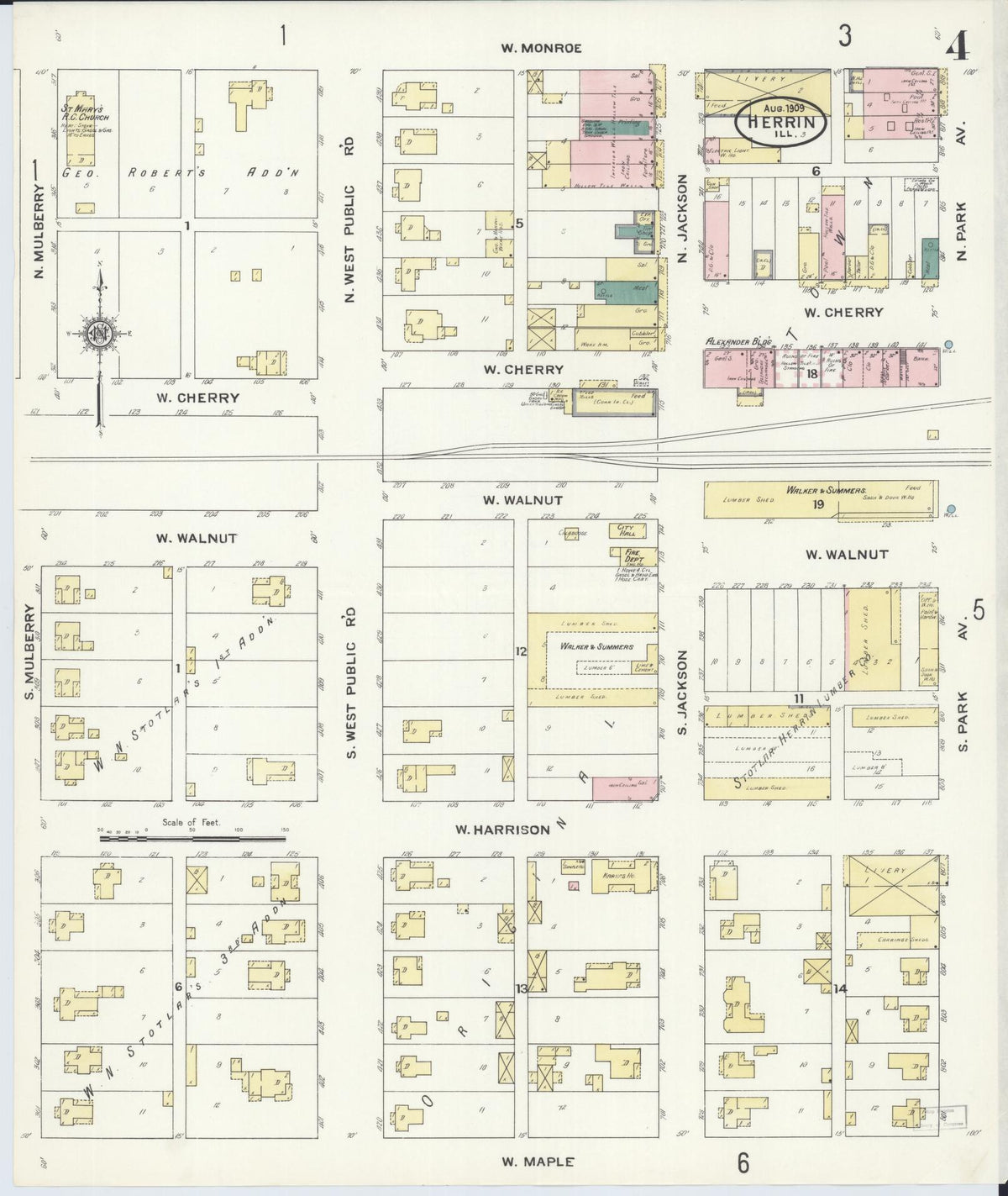 Sanborn Fire Insurance Map from Herrin, Williamson County, Illinois (1909), Sheet #0004 - Historic Sanborn Fire Insurance Map Print, vintage old map wall art, antique decor, genealogy gift, Illinois Illinois map