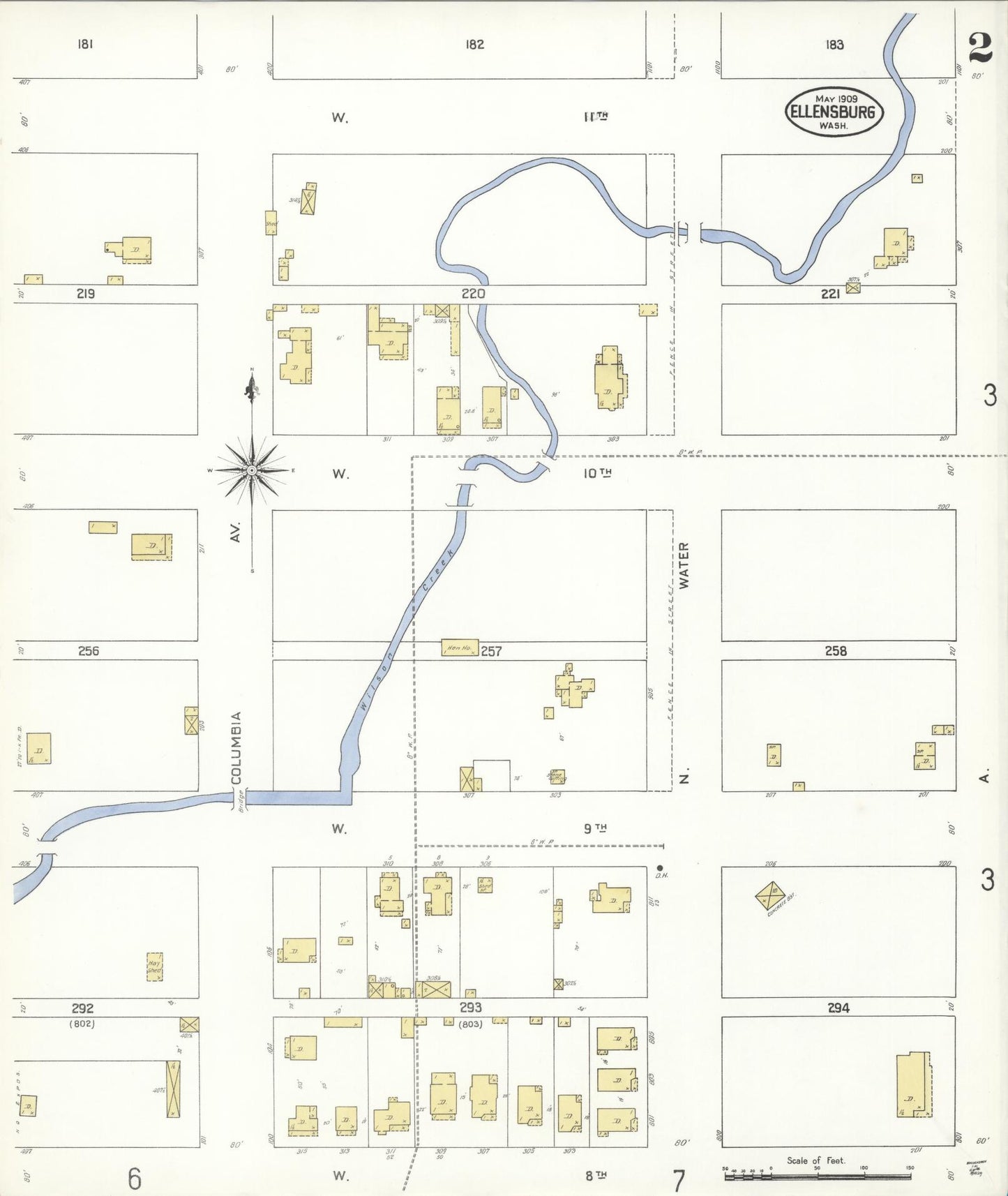 Sanborn Fire Insurance Map from Ellensburg, Kittitas County, Washington (1909), Sheet #0002 - Complete Map Set gallery image, historic Sanborn map, vintage wall art, Washington Washington