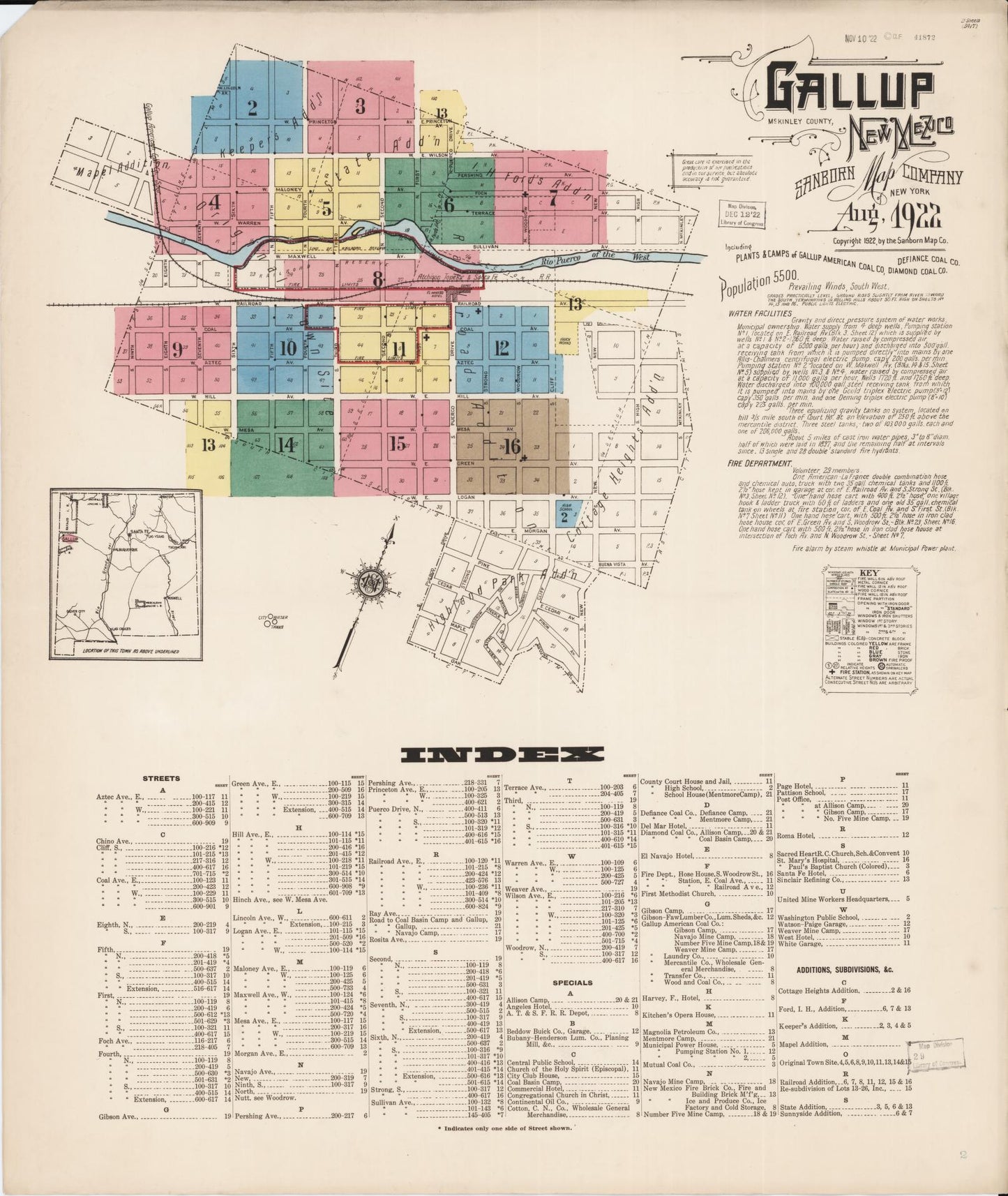 Sanborn Fire Insurance Map from Gallup, Mckinley County, New Mexico (1922), Sheet #0001 - Historic Sanborn Fire Insurance Map Print, vintage old map wall art, antique decor, genealogy gift, New Mexico New Mexico map