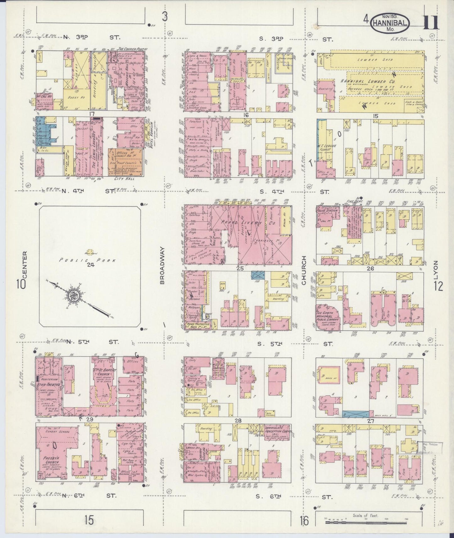 Sanborn Fire Insurance Map from Hannibal, Marion County, Missouri (1913), Sheet #0011 - Historic Sanborn Fire Insurance Map Print, vintage old map wall art, antique decor, genealogy gift, Missouri Missouri map