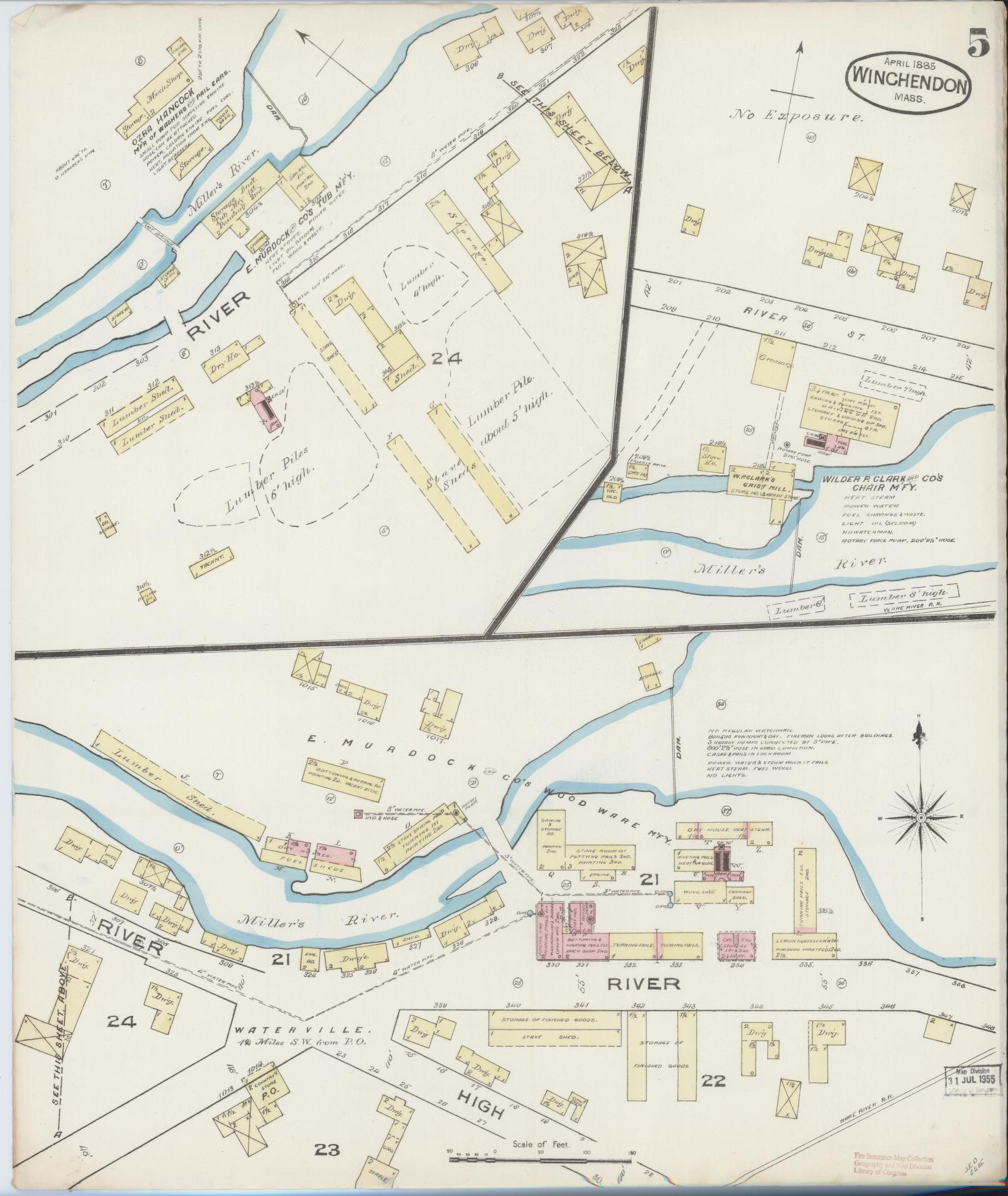 Sanborn Fire Insurance Map from Winchendon, Worcester County, Massachusetts (1885), Sheet #0005 - Historic Sanborn Fire Insurance Map Print, vintage old map wall art, antique decor, genealogy gift, Massachusetts Massachusetts map