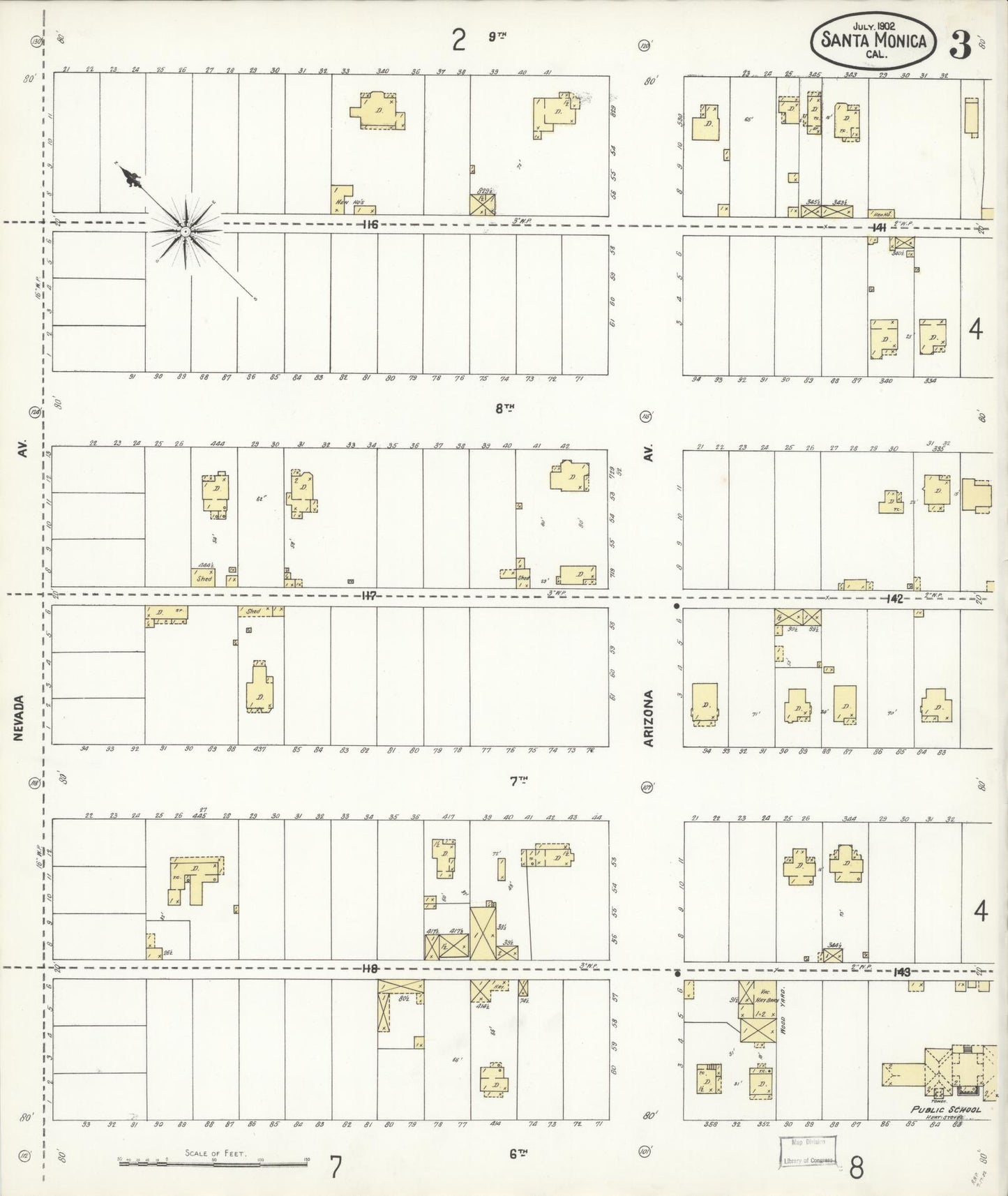 Sanborn Fire Insurance Map from Santa Monica, Los Angeles County, California (1902), Sheet #0003 - Complete Map Set gallery image, historic Sanborn map, vintage wall art, California California