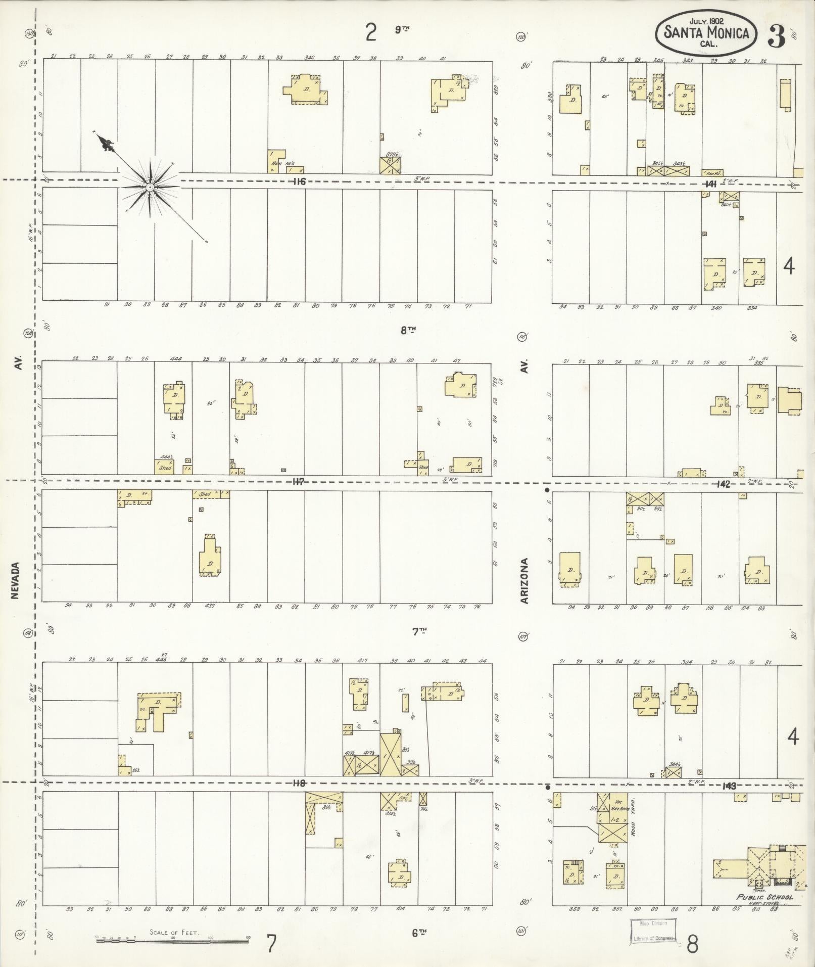 Sanborn Fire Insurance Map from Santa Monica, Los Angeles County, California (1902), Sheet #0003 - Complete Map Set gallery image, historic Sanborn map, vintage wall art, California California
