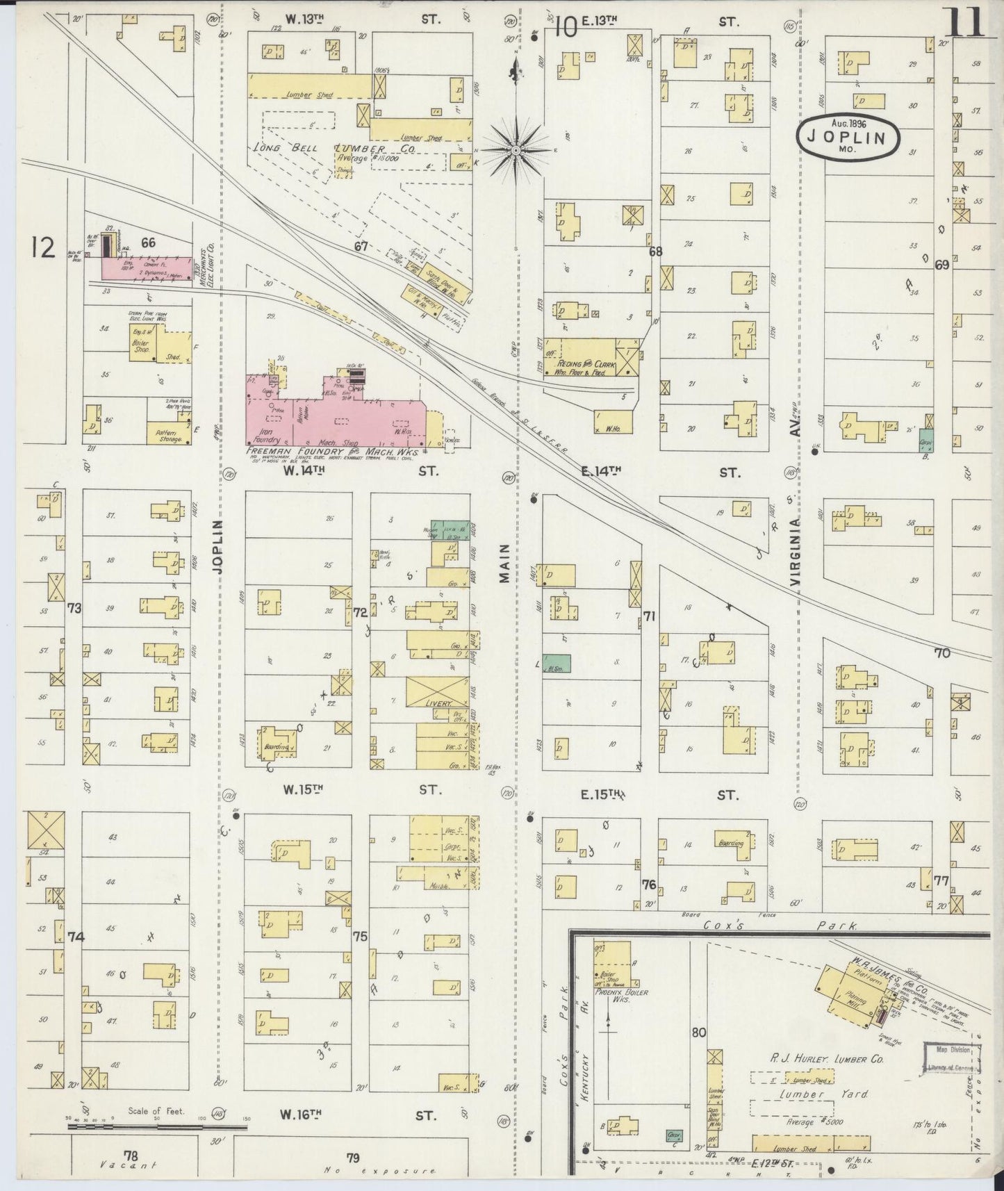 Sanborn Fire Insurance Map from Joplin, Jasper County, Missouri (1896), Sheet #0011 - Complete Map Set gallery image, historic Sanborn map, vintage wall art, Missouri Missouri