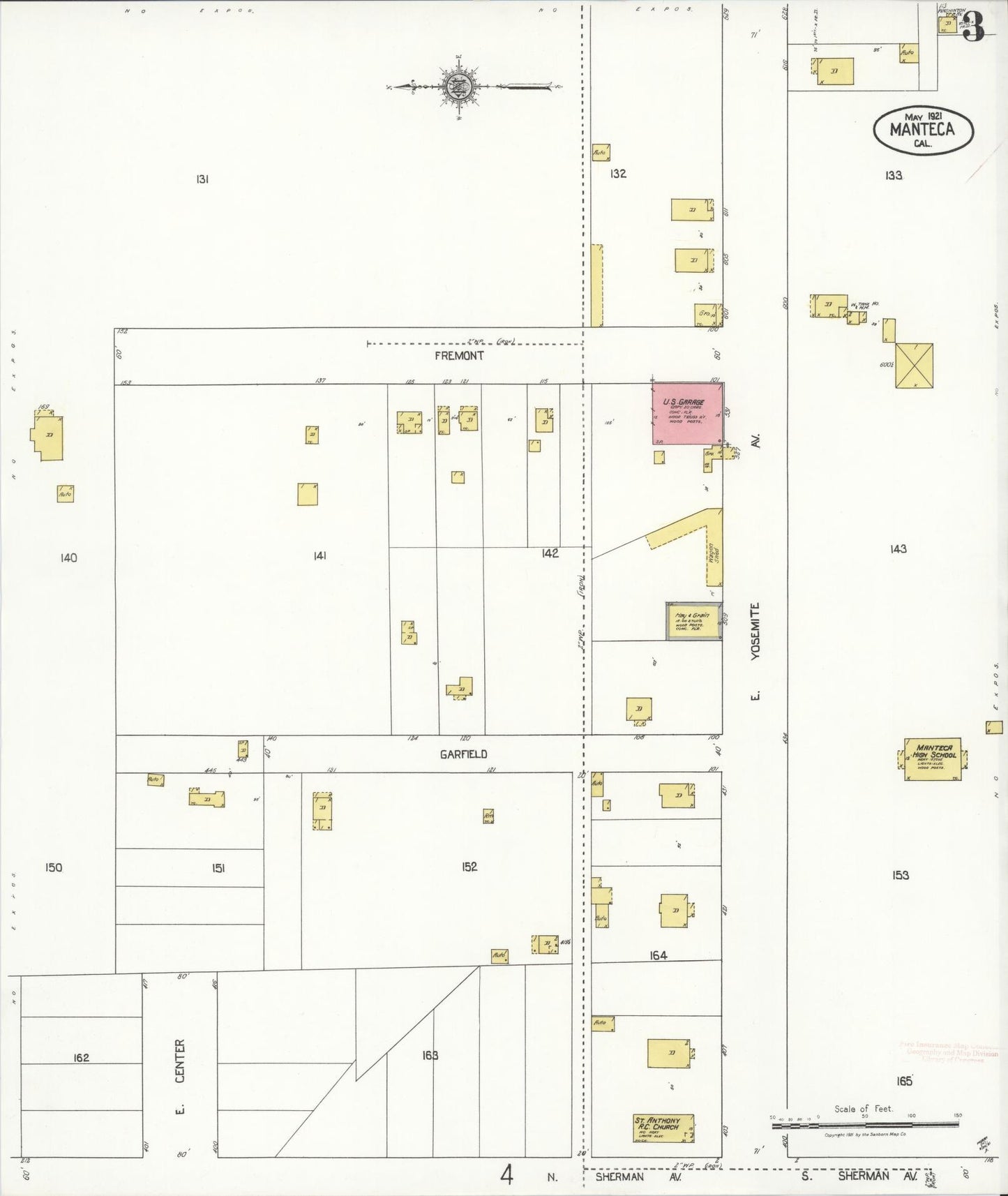 Sanborn Fire Insurance Map from Manteca, San Joaquin County, California (1921), Sheet #0003 - Historic Sanborn Fire Insurance Map Print, vintage old map wall art, antique decor, genealogy gift, California California map