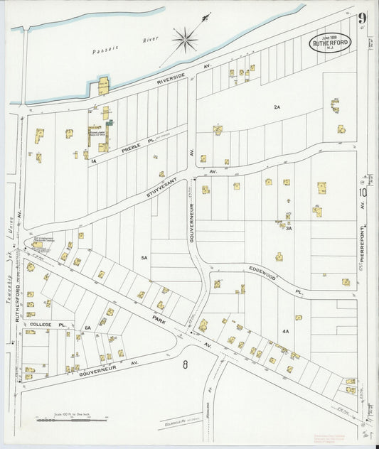 Sanborn Fire Insurance Map from Rutherford, Bergen County, New Jersey (1909), Sheet #0009 - Historic Sanborn Fire Insurance Map Print, vintage old map wall art, antique decor, genealogy gift, New Jersey New Jersey map