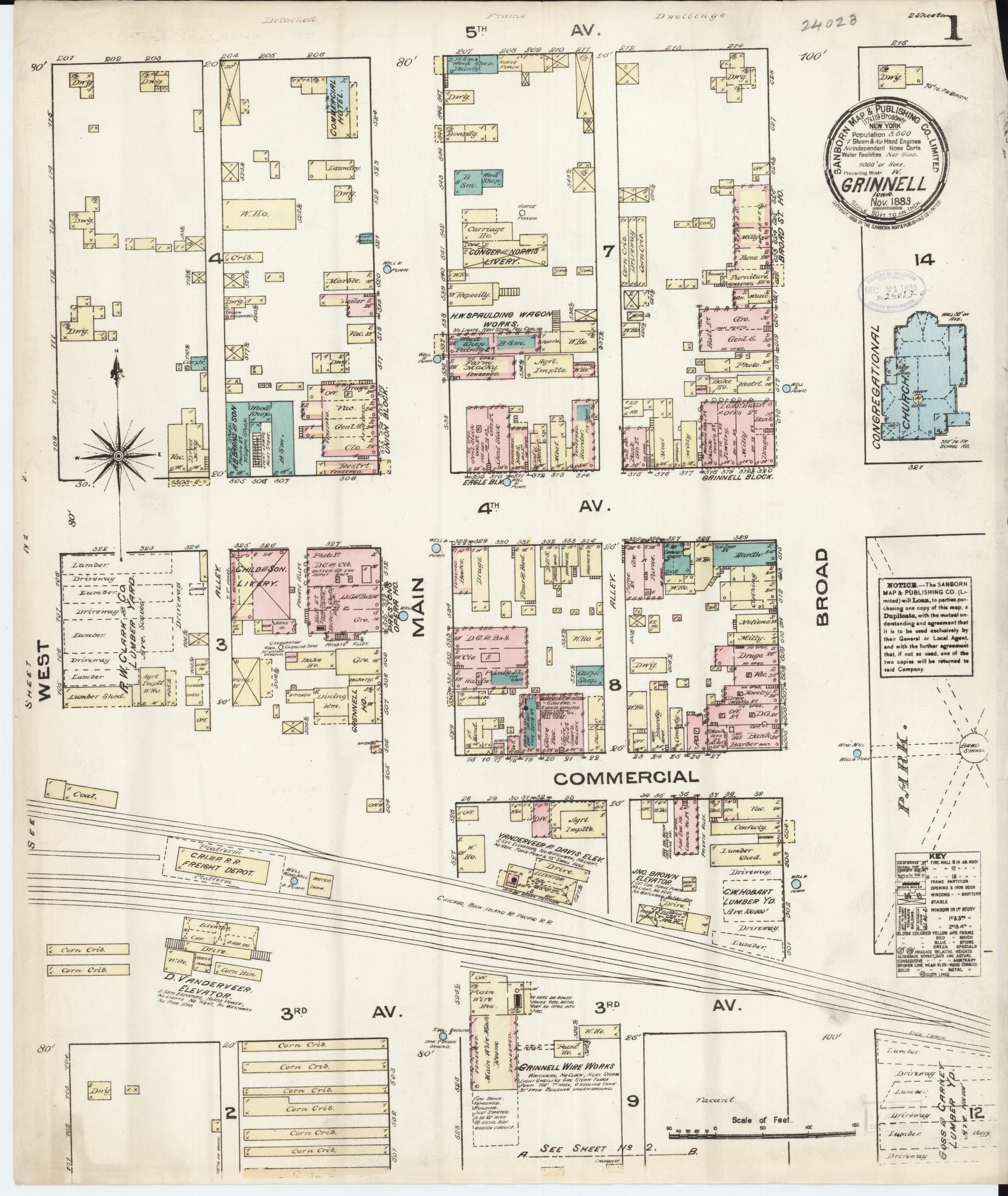 Sanborn Fire Insurance Map from Grinnell, Poweshiek County, Iowa (1883), Sheet #0001 - Historic Sanborn Fire Insurance Map Print, vintage old map wall art