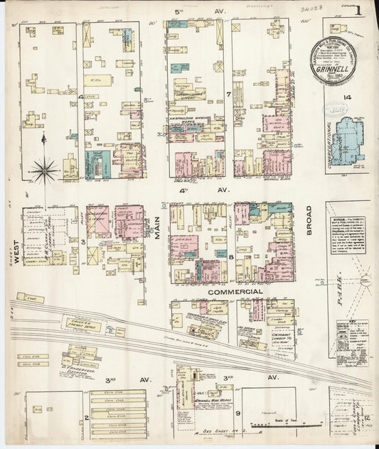 Sanborn Fire Insurance Map from Grinnell, Poweshiek County, Iowa (1883), Sheet #0001 - Historic Sanborn Fire Insurance Map Print, vintage old map wall art