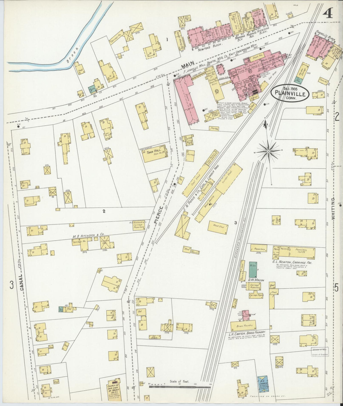 Sanborn Fire Insurance Map from Plainville, Hartford County, Connecticut (1905), Sheet #0004 - Historic Sanborn Fire Insurance Map Print, vintage old map wall art, antique decor, genealogy gift, Connecticut Connecticut map