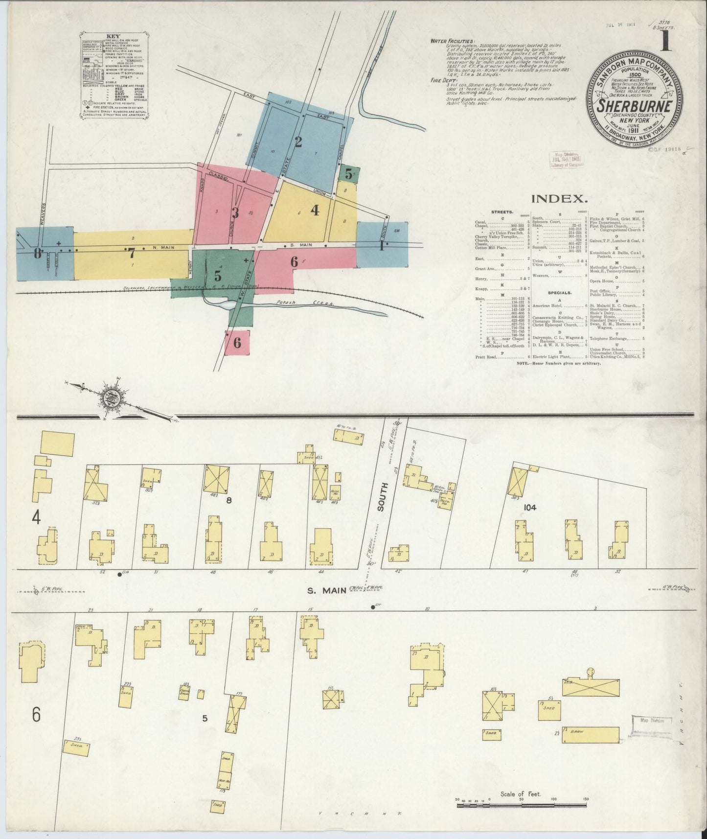 Sanborn Fire Insurance Map from Sherburne, Chenango County, New York (1911), Sheet #0001 - Historic Sanborn Fire Insurance Map Print, vintage old map wall art, antique decor, genealogy gift, New York New York map