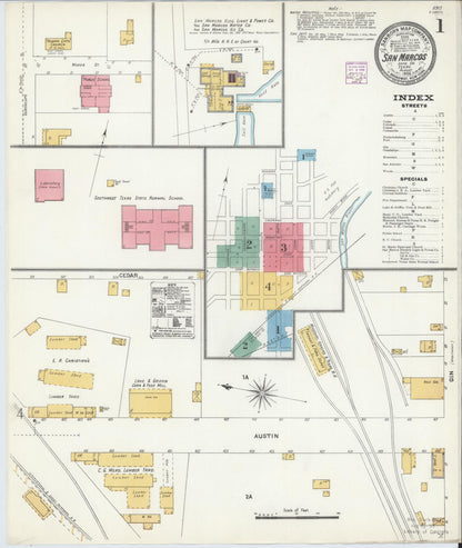 Sanborn Fire Insurance Map from San Marcos, Hays County, Texas (1906), Sheet #0001 - Complete Map Set gallery image, historic Sanborn map, vintage wall art, Texas Texas