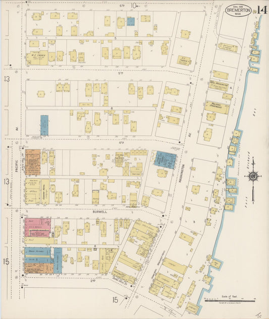 Sanborn Fire Insurance Map from Bremerton, Kitsap County, Washington (1918), Sheet #0014 - Historic Sanborn Fire Insurance Map Print, vintage old map wall art, antique decor, genealogy gift, Washington Washington map