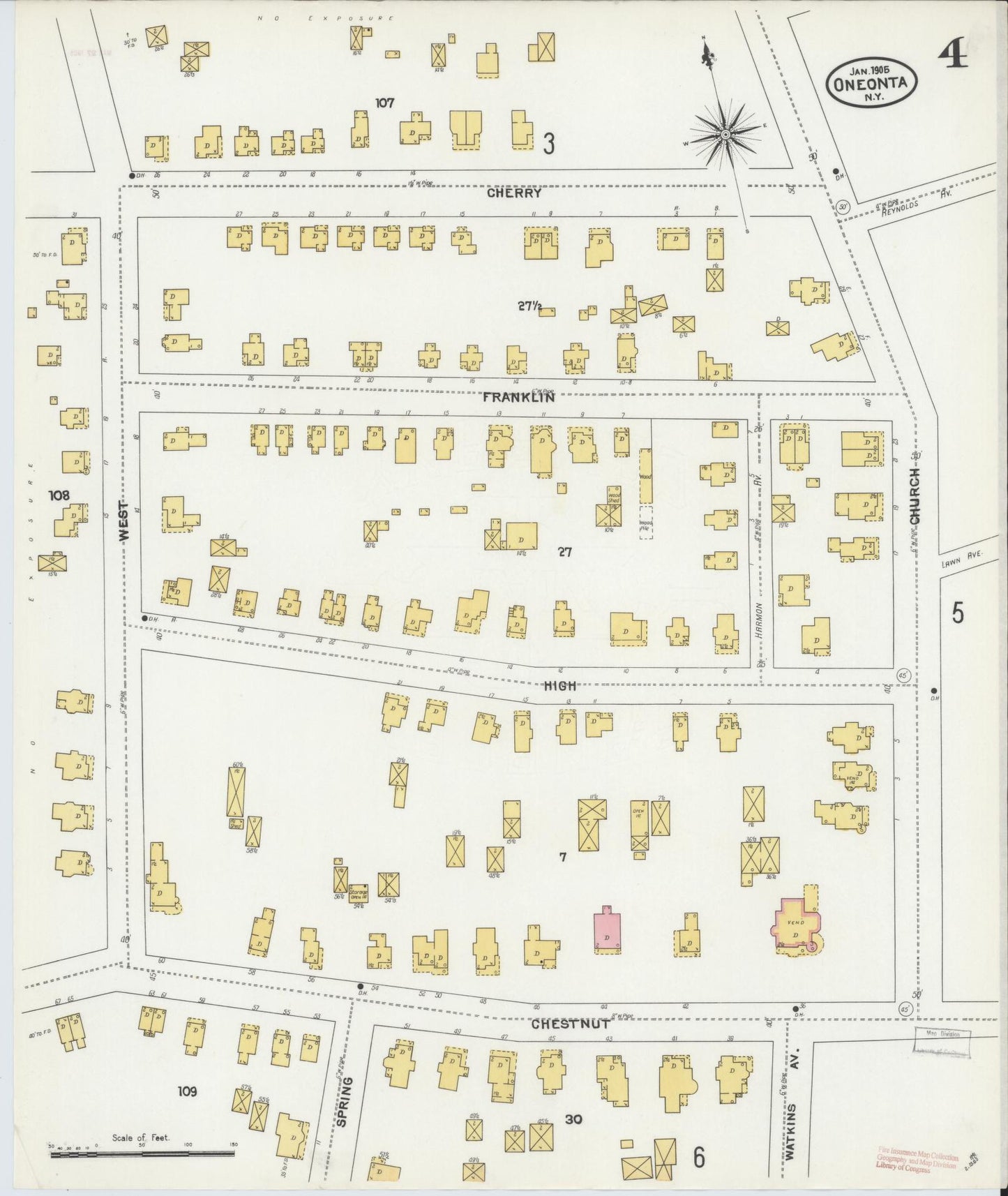 Sanborn Fire Insurance Map from Oneonta, Otsego County, New York (1905), Sheet #0004 - Historic Sanborn Fire Insurance Map Print, vintage old map wall art, antique decor, genealogy gift, New York New York map