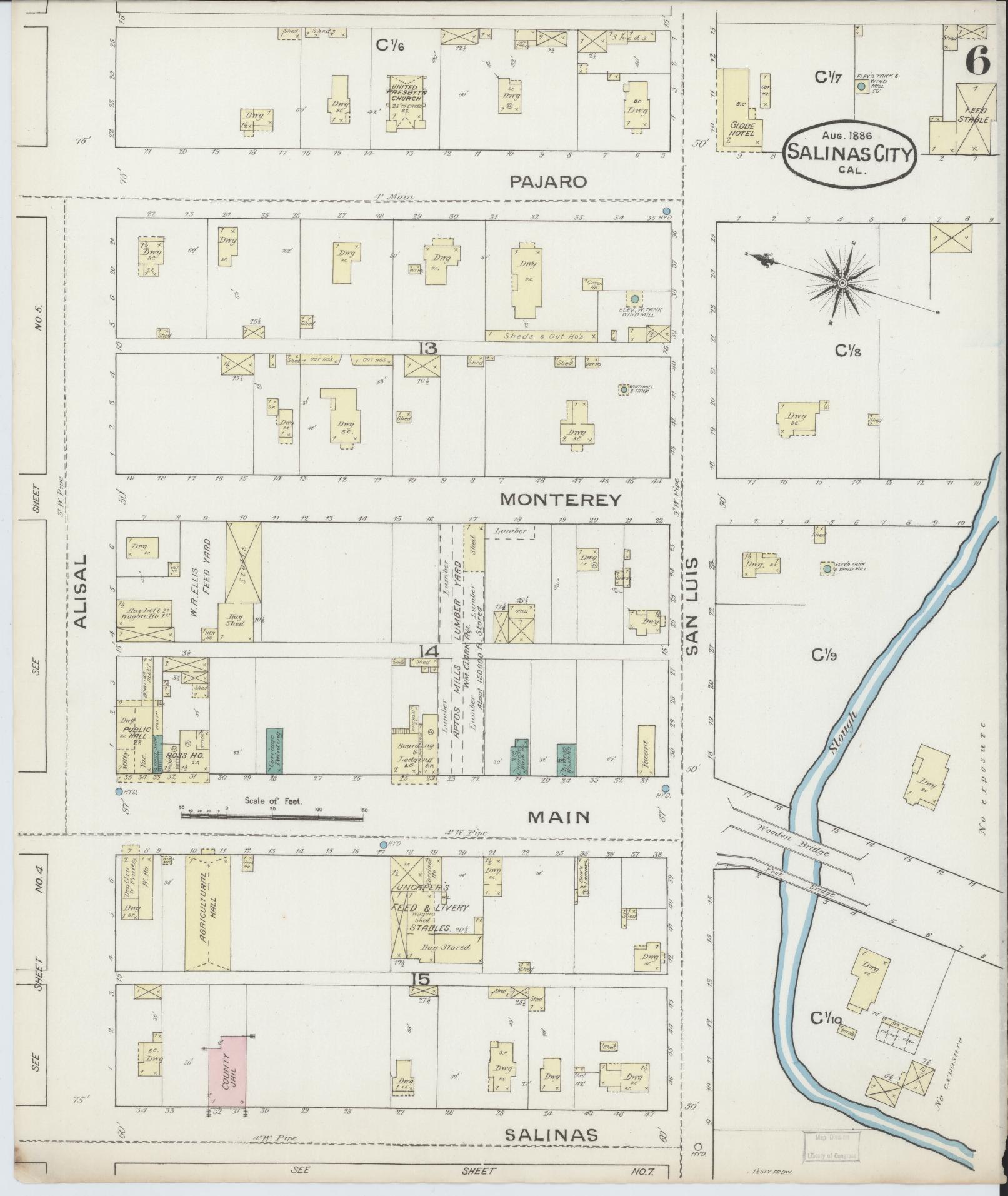 Sanborn Fire Insurance Map from Salinas, Monterey County, California (1886), Sheet #0006 - Complete Map Set gallery image, historic Sanborn map, vintage wall art, California California