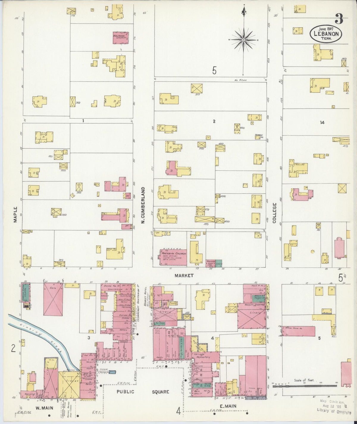 Sanborn Fire Insurance Map from Lebanon, Wilson County, Tennessee (1907), Sheet #0003 - Historic Sanborn Fire Insurance Map Print, vintage old map wall art, antique decor, genealogy gift, Tennessee Tennessee map