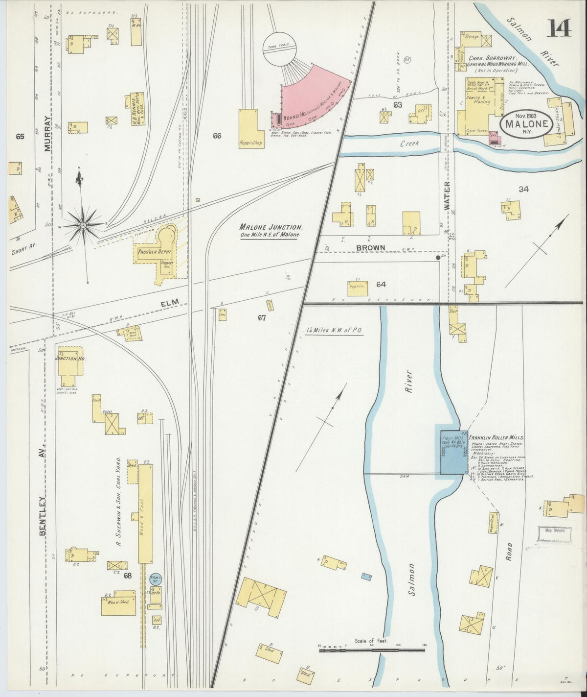 Sanborn Fire Insurance Map from Malone, Franklin County, New York (1903), Sheet #0014 - Historic Sanborn Fire Insurance Map Print, vintage old map wall art, antique decor, genealogy gift, New York New York map