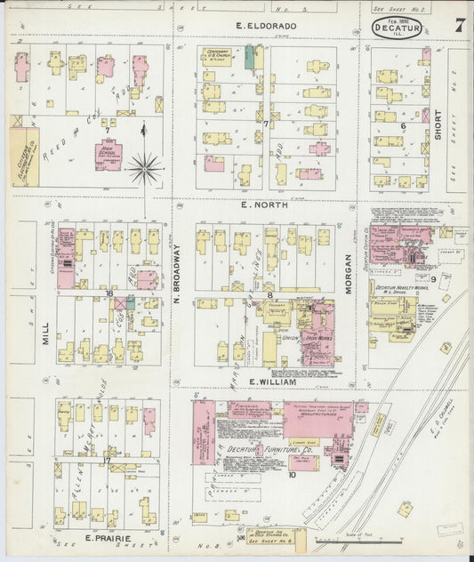 Sanborn Fire Insurance Map from Decatur, Macon County, Illinois (1892), Sheet #0007 - Historic Sanborn Fire Insurance Map Print, vintage old map wall art, antique decor, genealogy gift, Illinois Illinois map