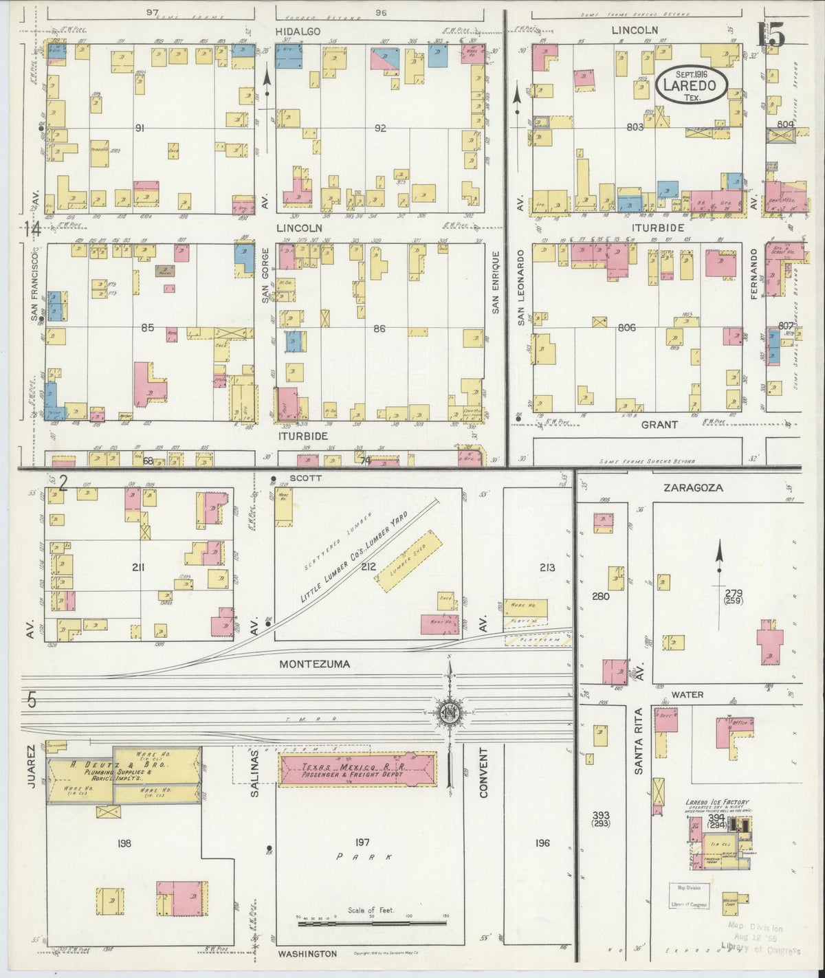 Sanborn Fire Insurance Map from Laredo, Webb County, Texas (1916), Sheet #0015 - Historic Sanborn Fire Insurance Map Print, vintage old map wall art, antique decor, genealogy gift, Texas Texas map