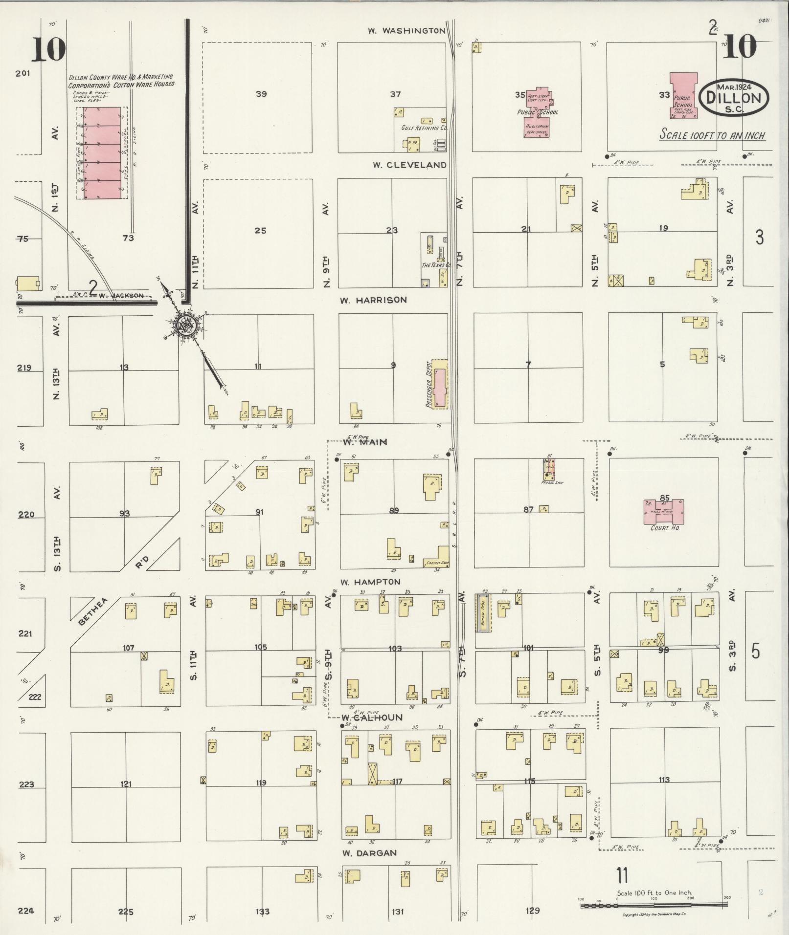 Sanborn Fire Insurance Map from Dillon, Dillon County, South Carolina (1924), Sheet #0010 - Complete Map Set gallery image, historic Sanborn map, vintage wall art, South Carolina South Carolina