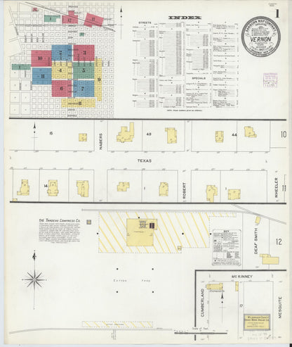 Sanborn Fire Insurance Map from Vernon, Wilbarger County, Texas (1907), Sheet #0001 - Historic Sanborn Fire Insurance Map Print, vintage old map wall art, antique decor, genealogy gift, Texas Texas map