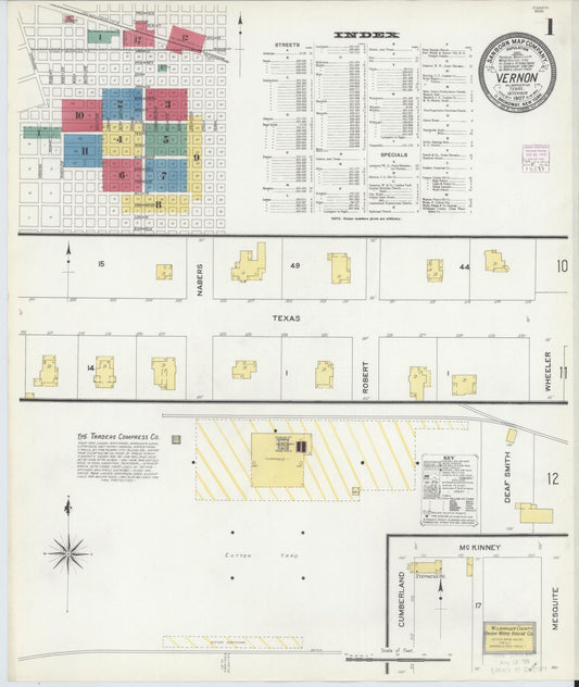 Sanborn Fire Insurance Map from Vernon, Wilbarger County, Texas (1907), Sheet #0001 - Historic Sanborn Fire Insurance Map Print, vintage old map wall art, antique decor, genealogy gift, Texas Texas map