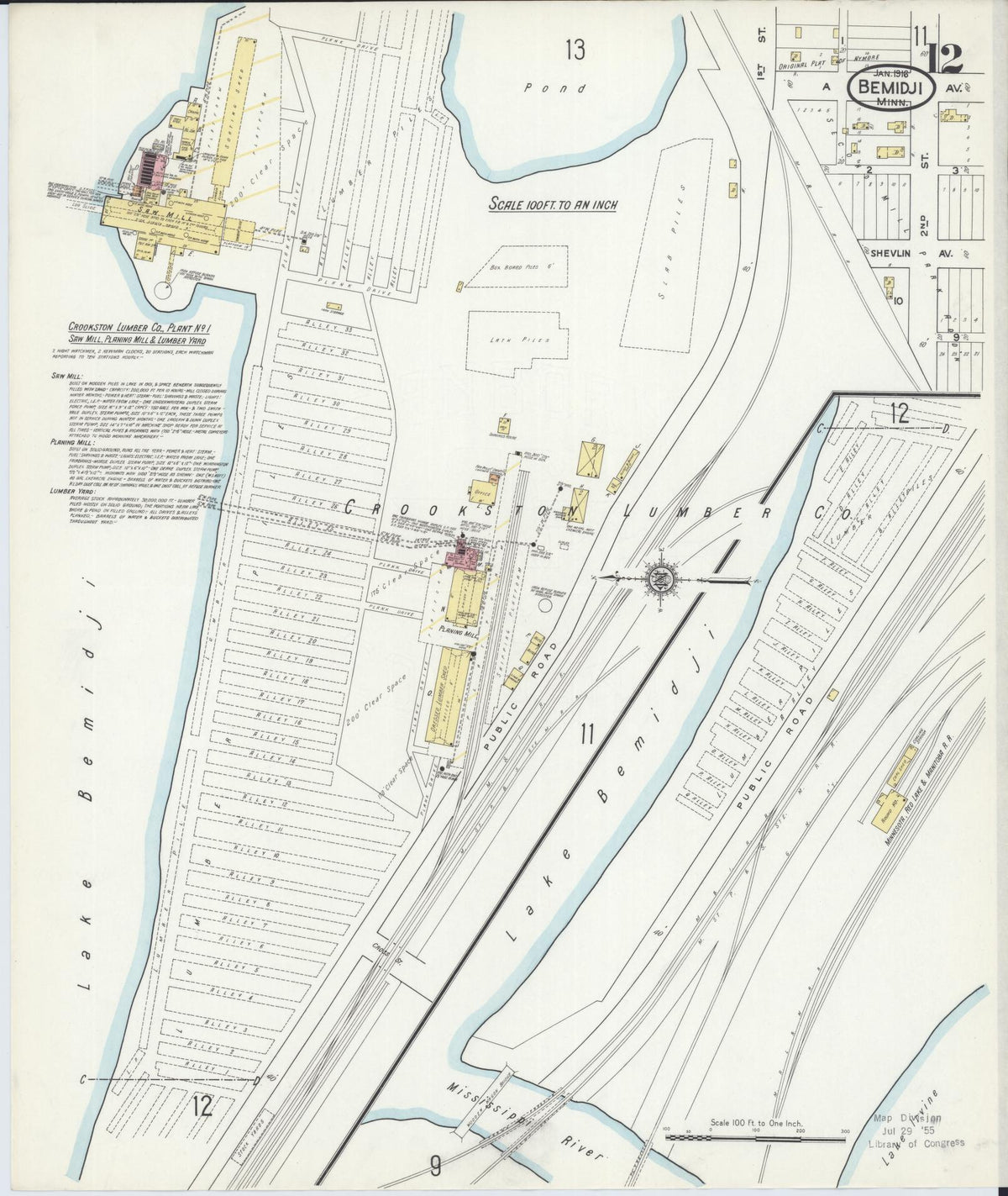 Sanborn Fire Insurance Map from Bemidji, Beltrami County, Minnesota (1916), Sheet #0012 - Historic Sanborn Fire Insurance Map Print, vintage old map wall art, antique decor, genealogy gift, Minnesota Minnesota map